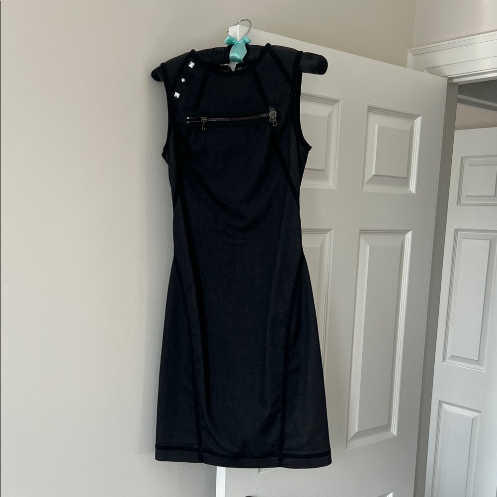 McQ by Alexander McQueen Black Denim Midi Dress with Zipper Detail - Picture 2 of 11